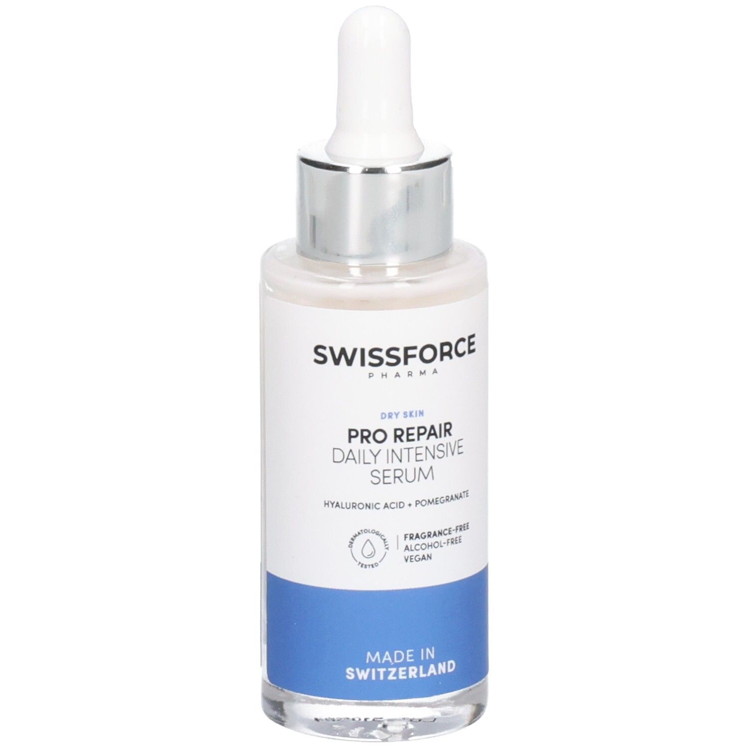 SWISSFORCE Pro Repair Daily Intensive Serum Flasche mit Pipette. Weißes Etikett mit blauem Streifen. Text: Trockene Haut, Hyaluronsäure, Granatapfel.