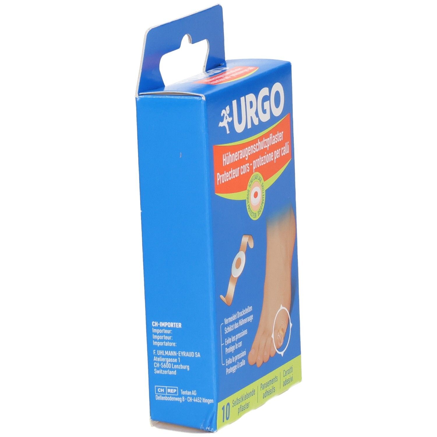 Blaue Verpackung, Seitenansicht. URGO-Logo und Produktname. Zeigt ein Fuß mit Hühnerauge und Pflaster. 10 Stück.