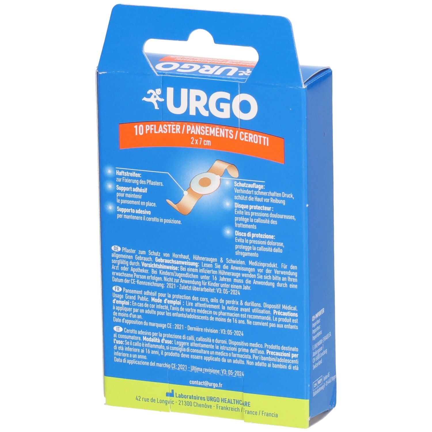 Rückseite der blauen Verpackung. Produktinformationen in mehreren Sprachen. URGO-Logo. 10 Pflaster, 2x7 cm.