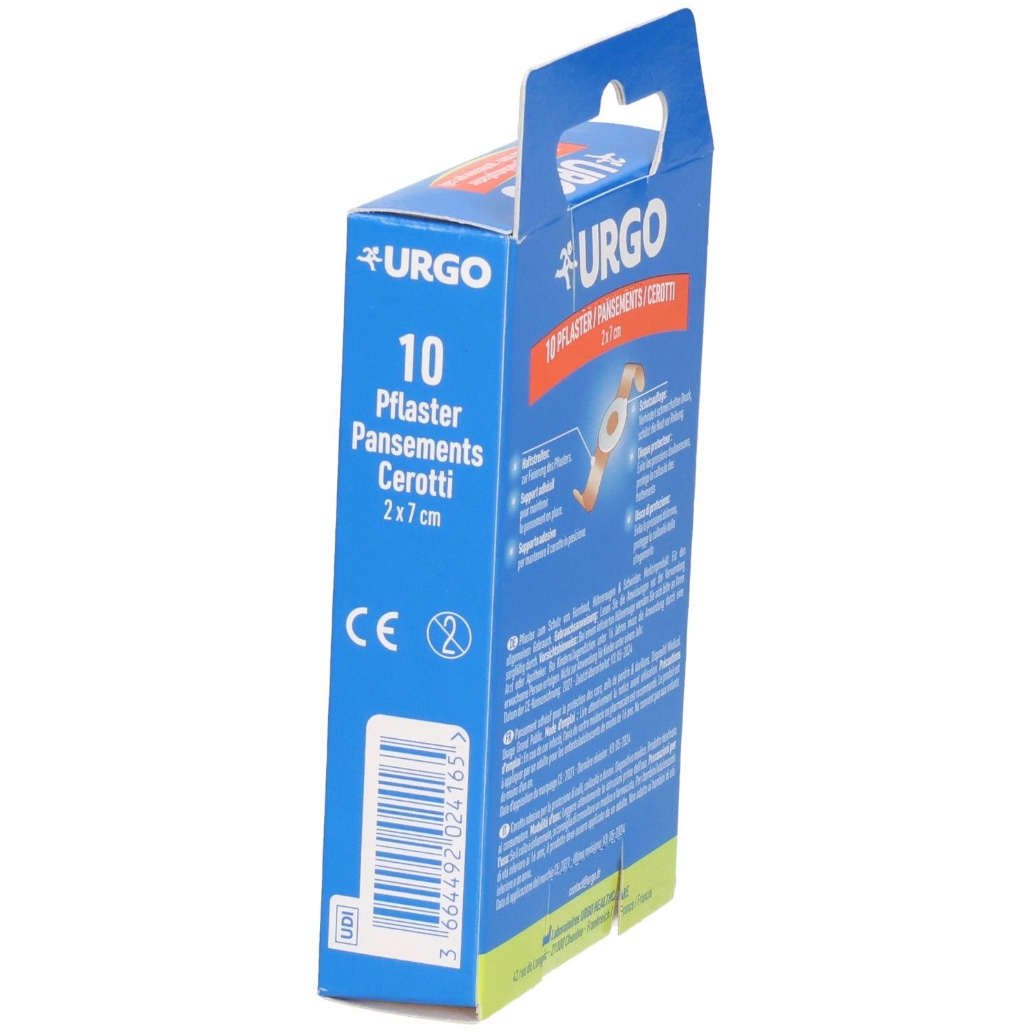 Blaue Verpackung, Seitenansicht. URGO-Logo und Produktname. 10 Pflaster, 2x7 cm. CE-Kennzeichnung.