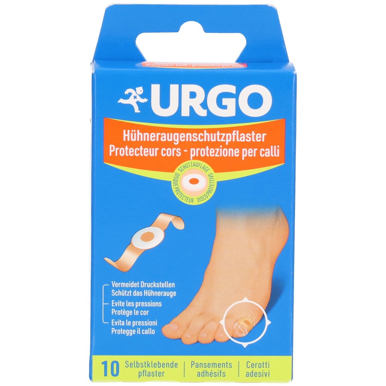 Blaue Verpackung mit Produktabbildung und Schriftzug URGO. Zeigt ein Fuß mit Hühnerauge und Pflaster. 10 Stück.