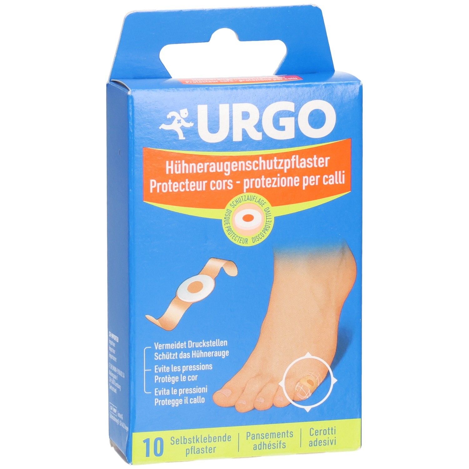 Blaue Verpackung mit Produktabbildung und Schriftzug URGO. Zeigt ein Fuß mit Hühnerauge und Pflaster. 10 Stück.