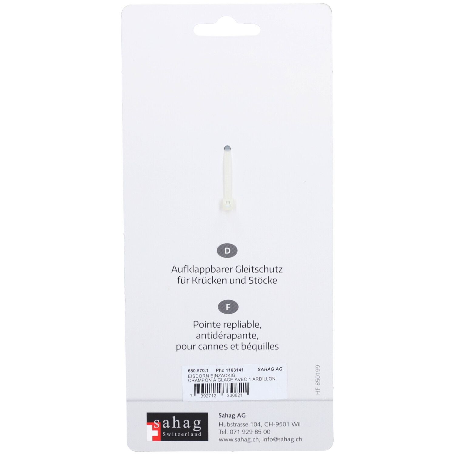 Dos de la carte blister avec informations produit. Pointe repliable, antidérapante, pour cannes et béquilles. Logo Sahag.
