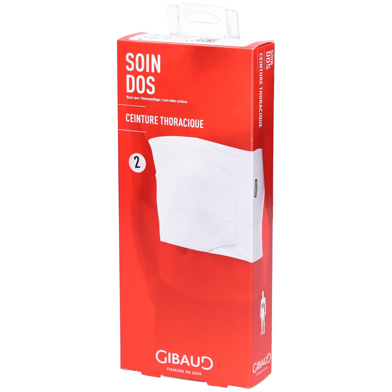 Boîte rouge avec produit blanc. Inscription: SOIN DOS, CEINTURE THORACIQUE. Marque GIBAUD. Numéro 2.
