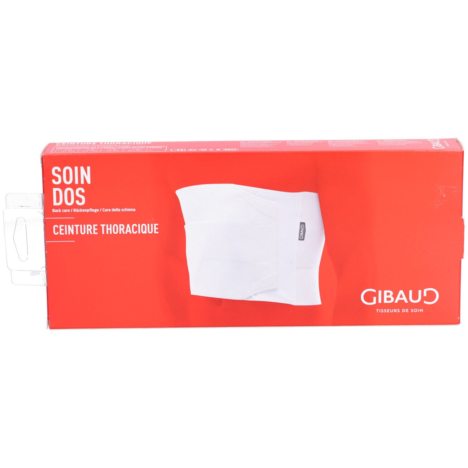 Boîte rouge avec produit blanc. Inscription: SOIN DOS, CEINTURE THORACIQUE. Marque GIBAUD.