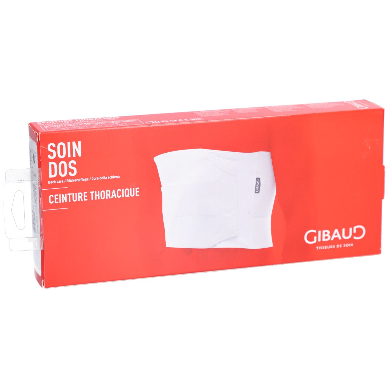 Boîte rouge avec produit blanc. Inscription: SOIN DOS, CEINTURE THORACIQUE. Marque GIBAUD.