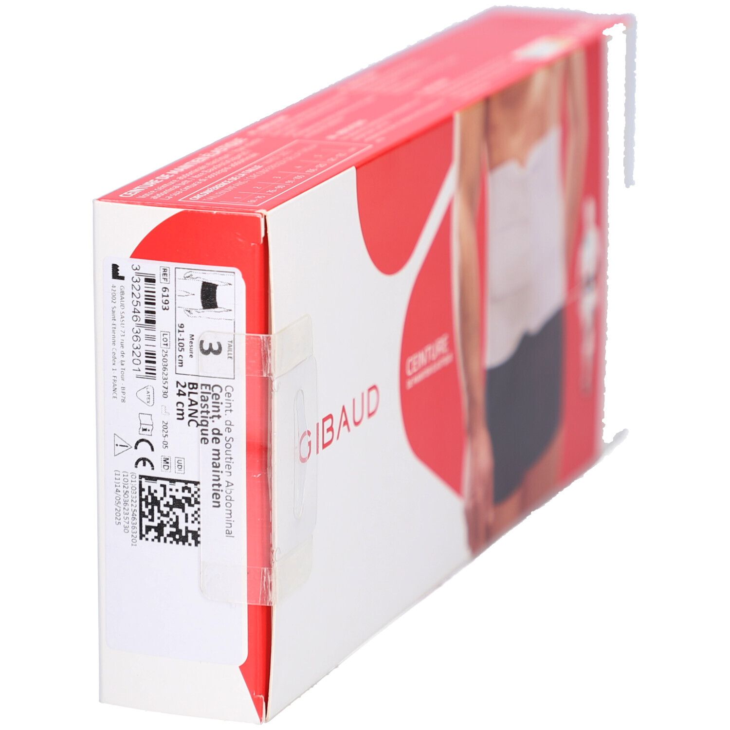 Rote Verpackung, Seitenansicht. Aufschrift: SOIN DOS, CEINTURE ABDOMINALE ÉLASTIQUE. Marke: Gibaud. Größe 3.