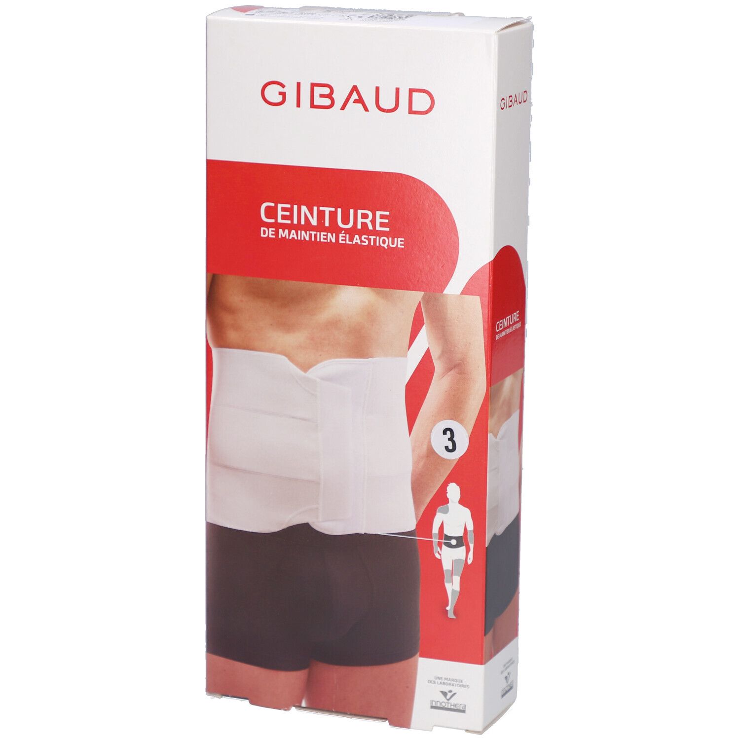 Rote Verpackung mit weißem Bauchgurt. Aufschrift: SOIN DOS, CEINTURE ABDOMINALE ÉLASTIQUE. Größe 3.