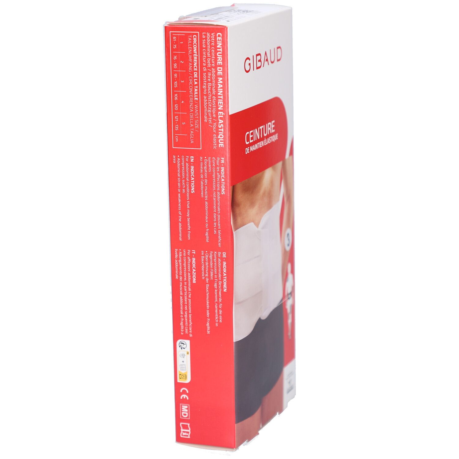 Rote Verpackung, Seitenansicht. Aufschrift: SOIN DOS, CEINTURE ABDOMINALE ÉLASTIQUE. Größe 3. Marke: Gibaud.
