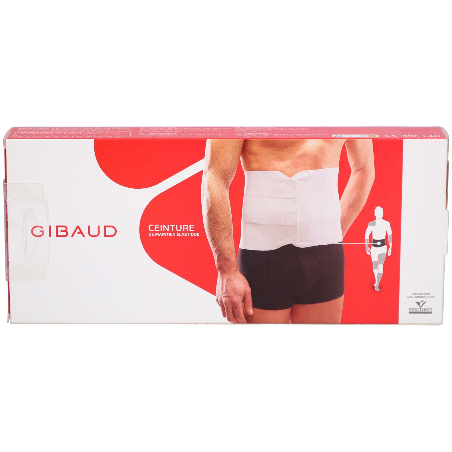 Rote Verpackung mit weißem Bauchgurt. Aufschrift: SOIN DOS, CEINTURE ABDOMINALE ÉLASTIQUE. Marke: Gibaud.