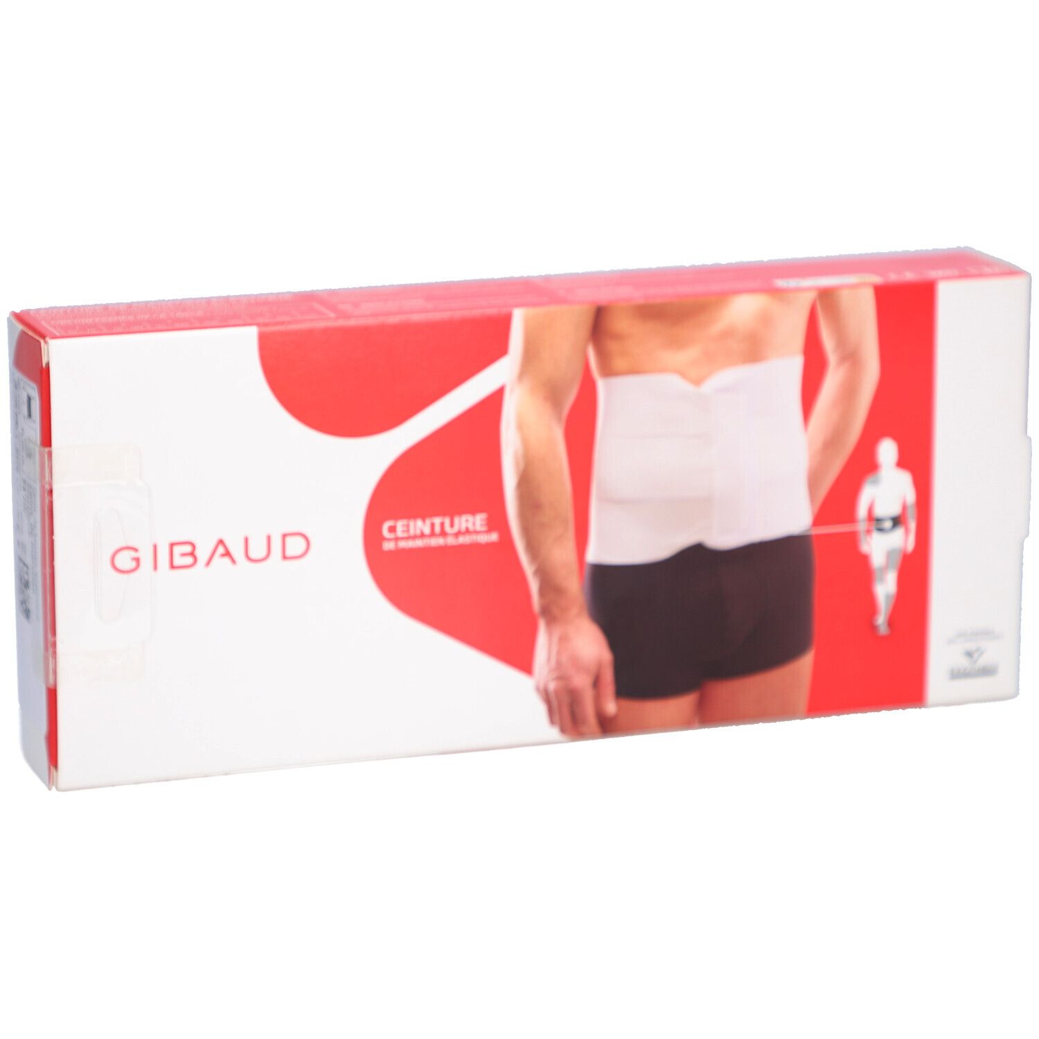 Rote Verpackung mit weißem Bauchgurt. Aufschrift: SOIN DOS, CEINTURE ABDOMINALE ÉLASTIQUE. Marke: Gibaud.