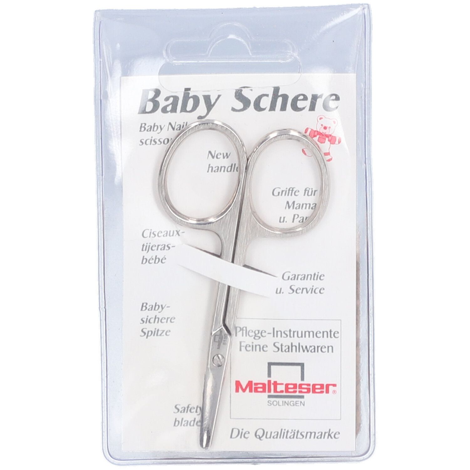 Ciseaux à ongles bébé MALTESER, biais, emballage transparent. Métal, courbé, pointes arrondies.