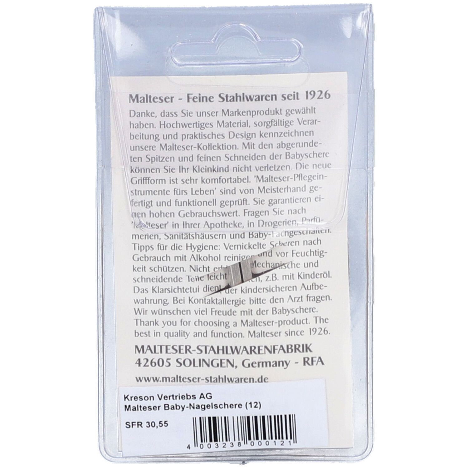 Dos de l'emballage des ciseaux à ongles bébé MALTESER. Informations textuelles, logo de la marque et code-barres.