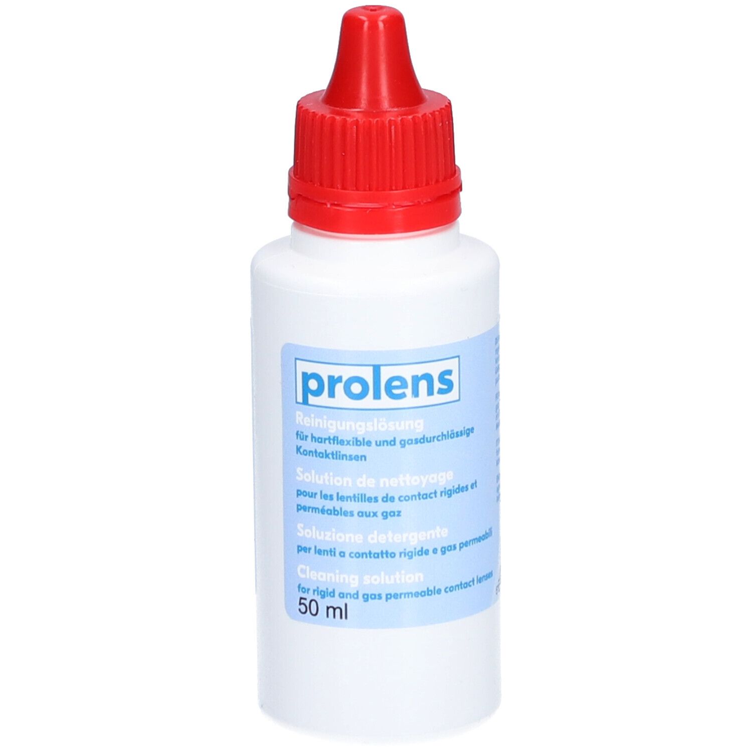 Weiße Flasche mit rotem Verschluss. Aufschrift: prolens. Lösung für Kontaktlinsen. 50 ml.