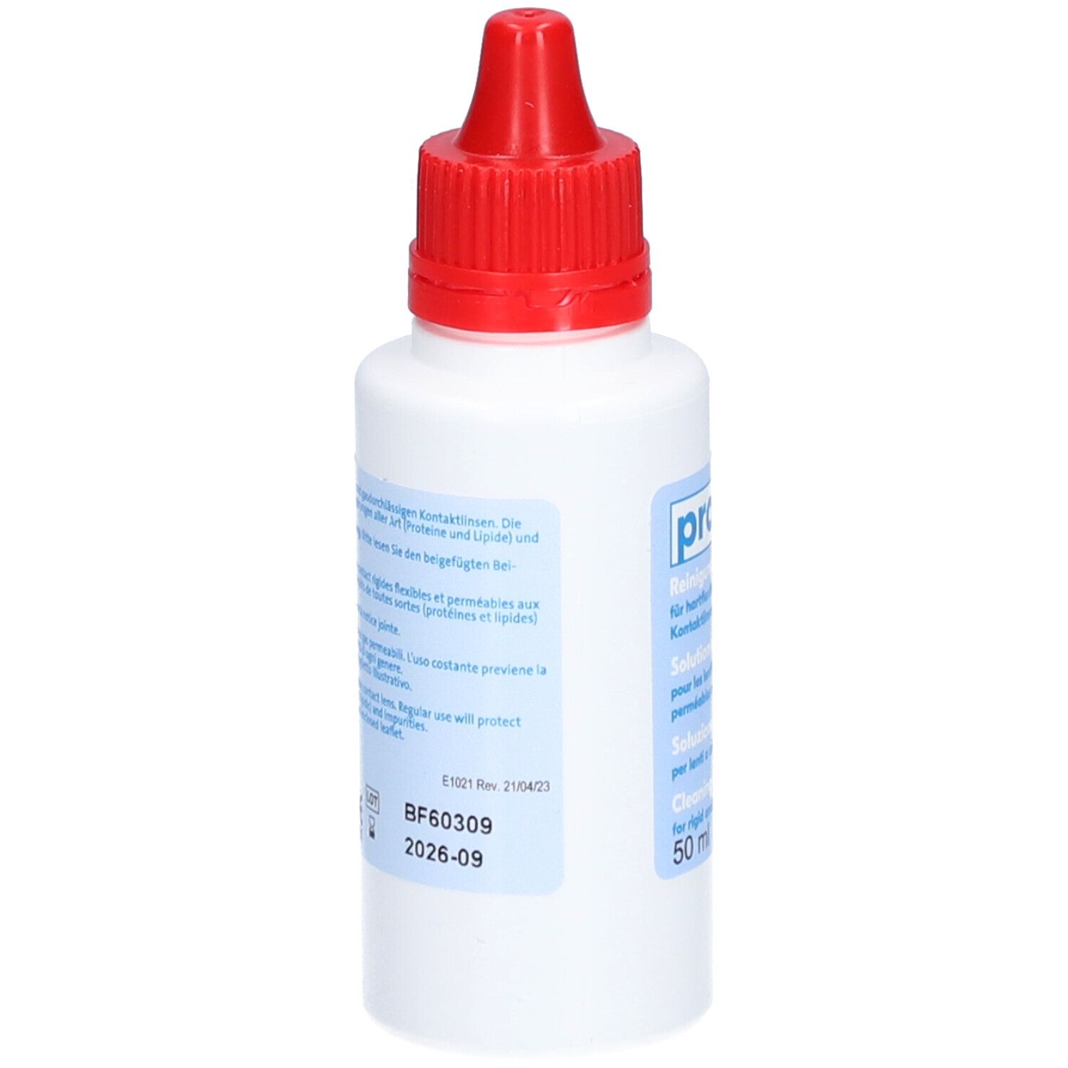 Rückseite einer weißen Flasche mit rotem Verschluss. Text in mehreren Sprachen. Produktionsdatum.