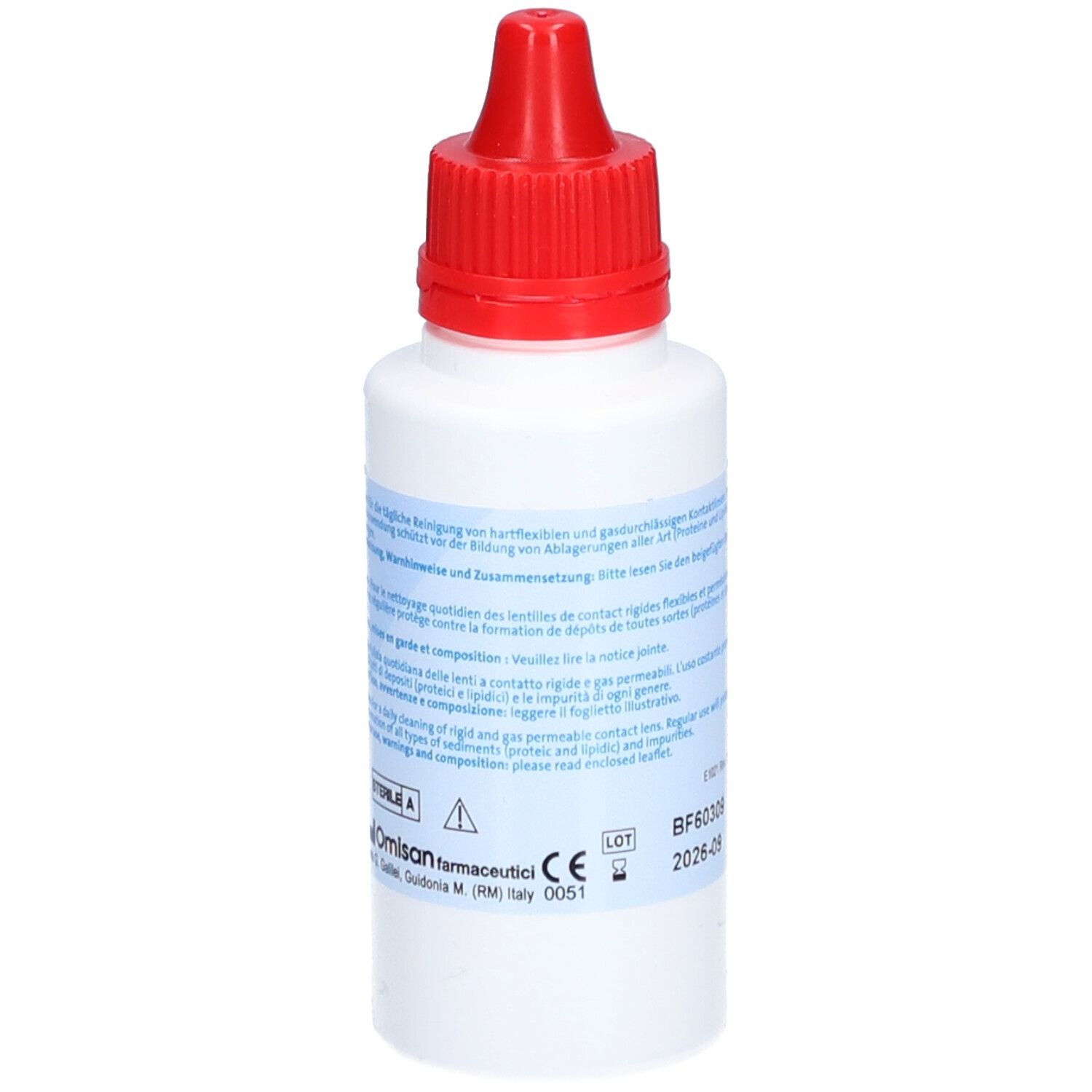 Rückseite einer weißen Flasche mit rotem Verschluss. Text in mehreren Sprachen. Herstellerinformationen.