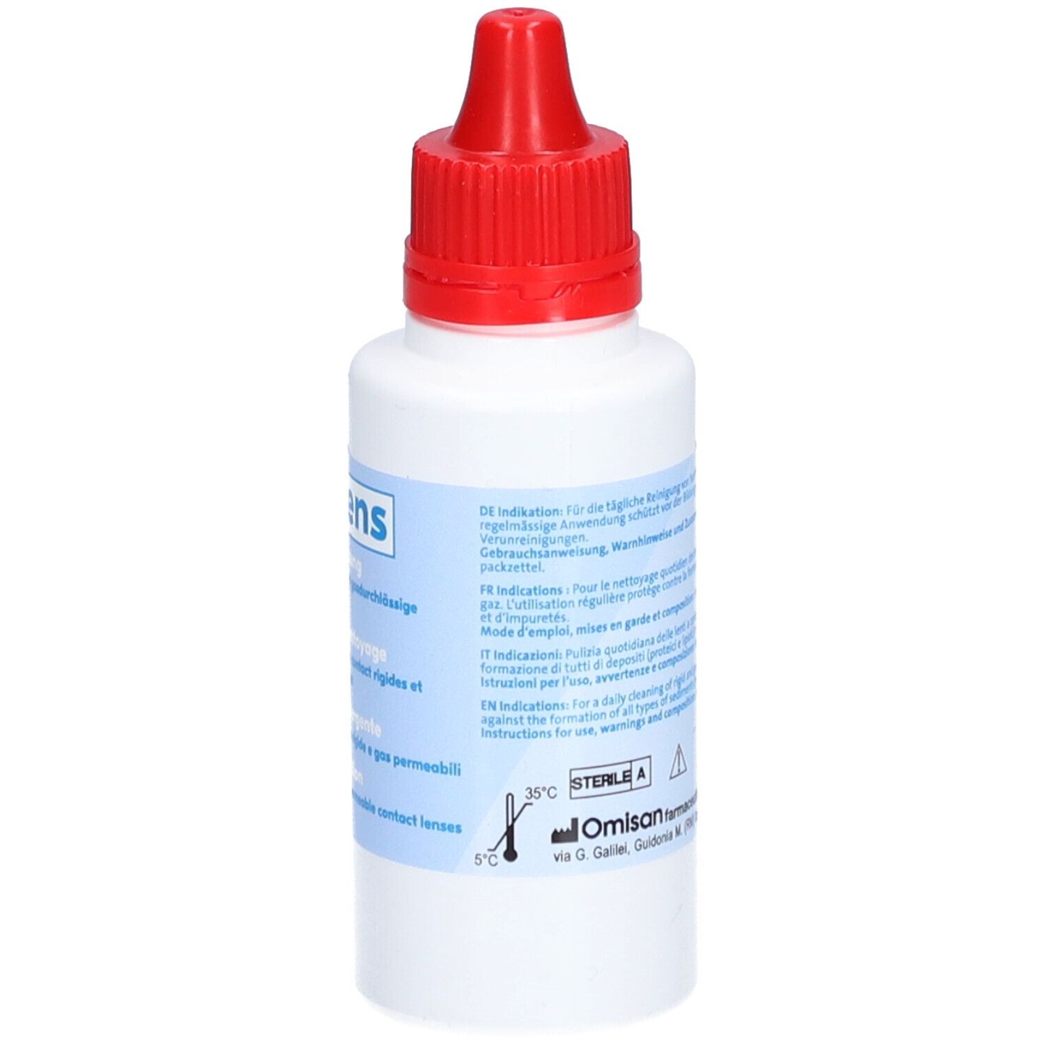 Rückseite einer weißen Flasche mit rotem Verschluss. Text in mehreren Sprachen. Gebrauchsanweisung.