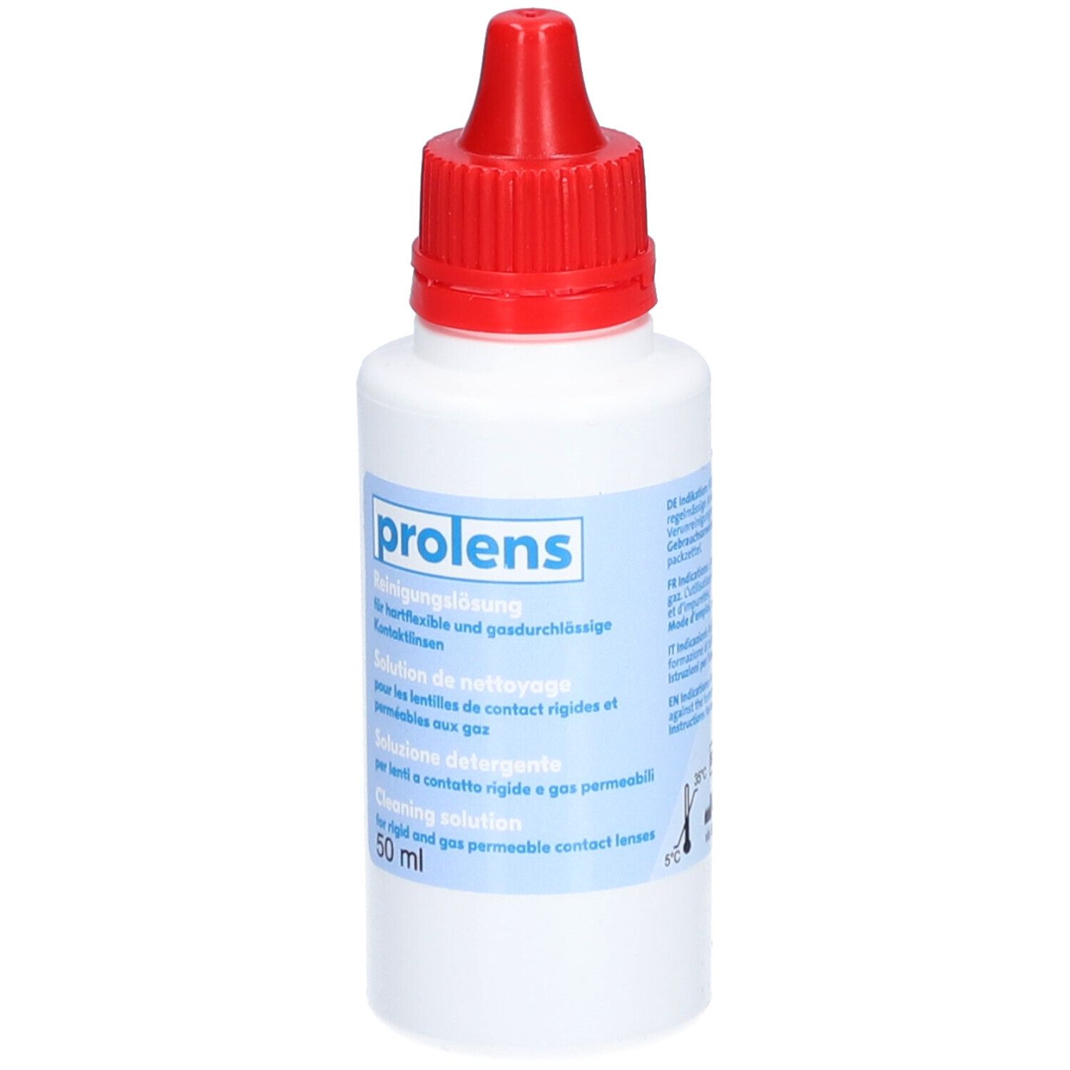 Weiße Flasche mit rotem Verschluss. Aufschrift: prolens. Lösung für Kontaktlinsen. 50 ml.