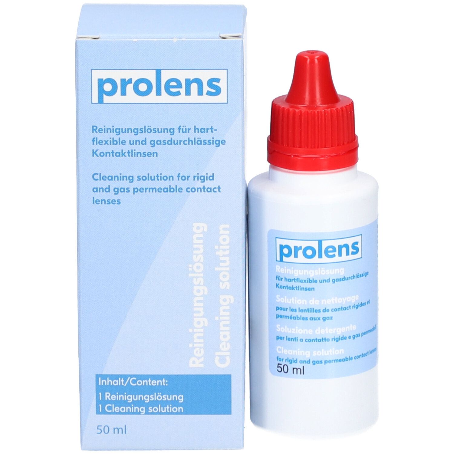 Produkt und Verpackung. Weiße Flasche mit rotem Verschluss und Karton. Aufschrift: prolens.
