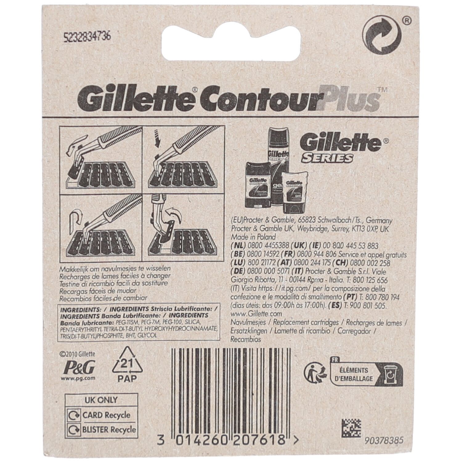 Rückseite der Verpackung mit Rasierklingen. Marke Gillette Contour Plus. Text und Abbildungen von Rasierern und Inhaltsstoffen.