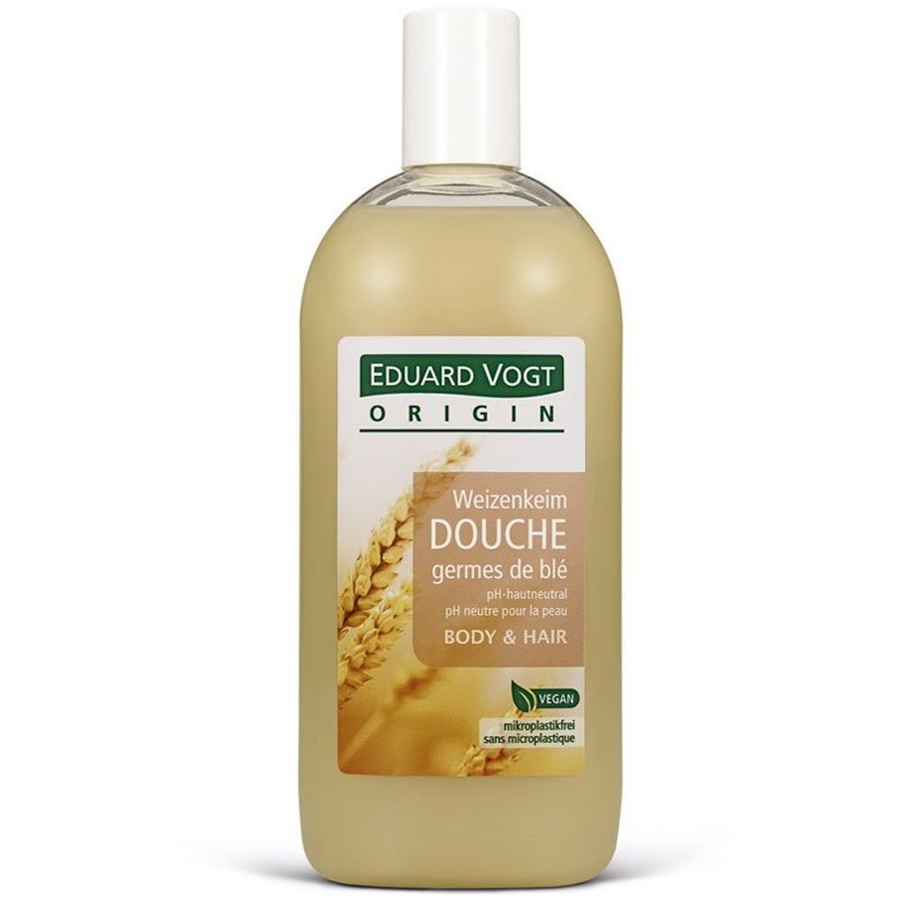Flasche mit Duschgel. Etikett mit Produktnamen und Logo. Vegan-Siegel.