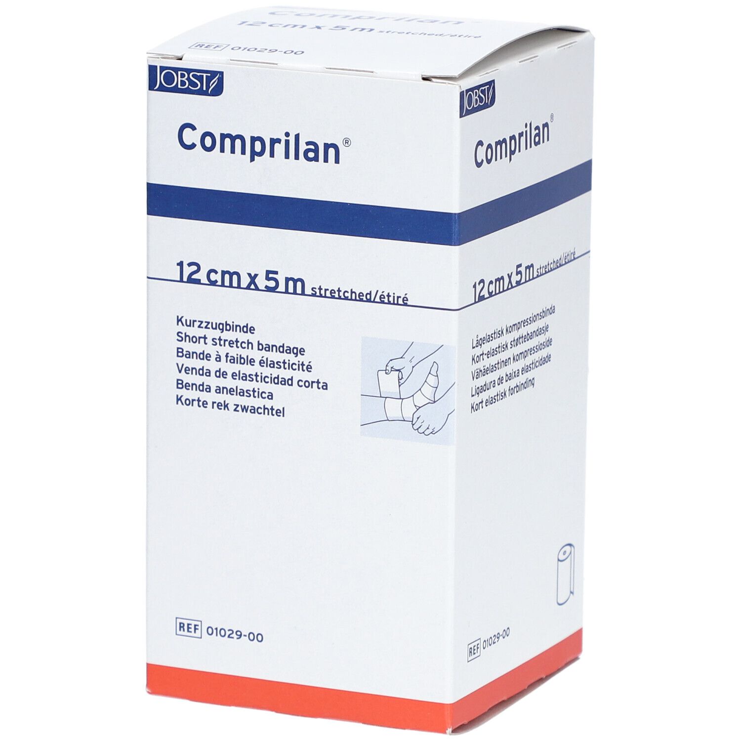 Verpackung von Comprilan® elastische Binde. 12 cm x 5 m. Aufdruck: Kurz-Zugbinde, Bandage à faible élasticité.