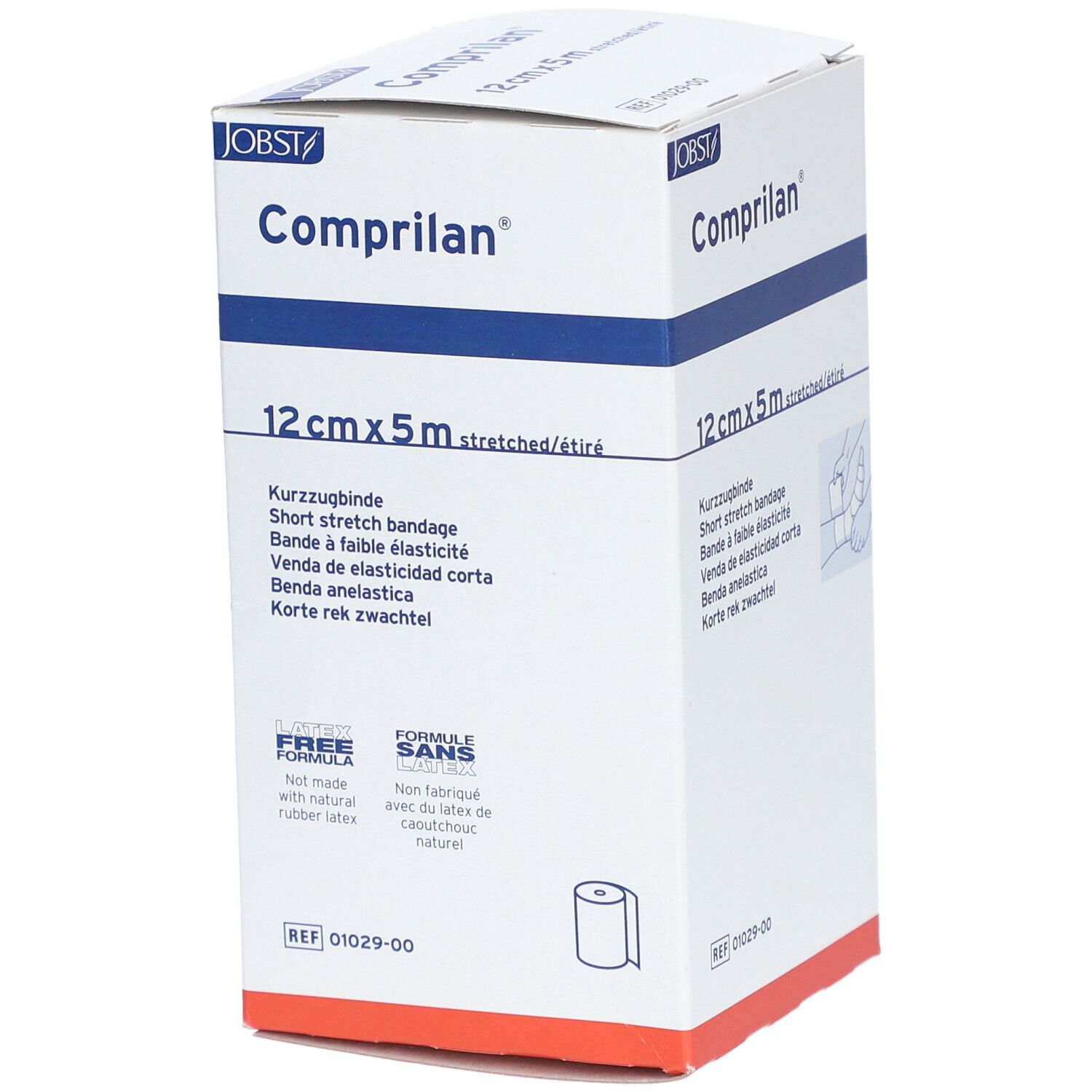 Verpackung von Comprilan® elastische Binde. 12 cm x 5 m. Aufdruck: Ohne Naturlatex.