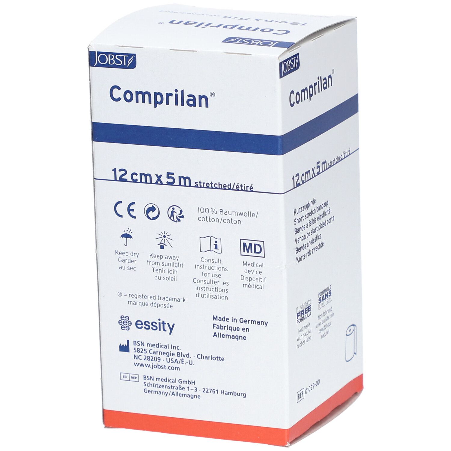 Verpackung von Comprilan® elastische Binde. 12 cm x 5 m. Mit CE-Kennzeichnung und weiteren Symbolen.