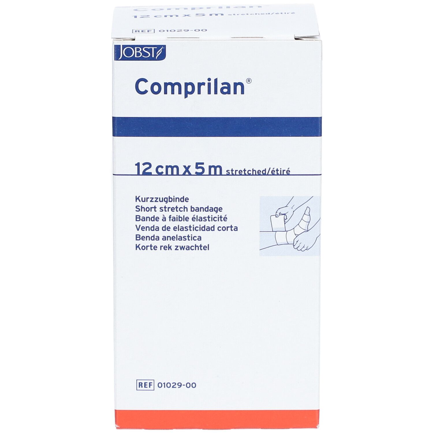 Verpackung von Comprilan® elastische Binde. 12 cm x 5 m. Aufdruck: Kurz-Zugbinde, Bandage à faible élasticité.