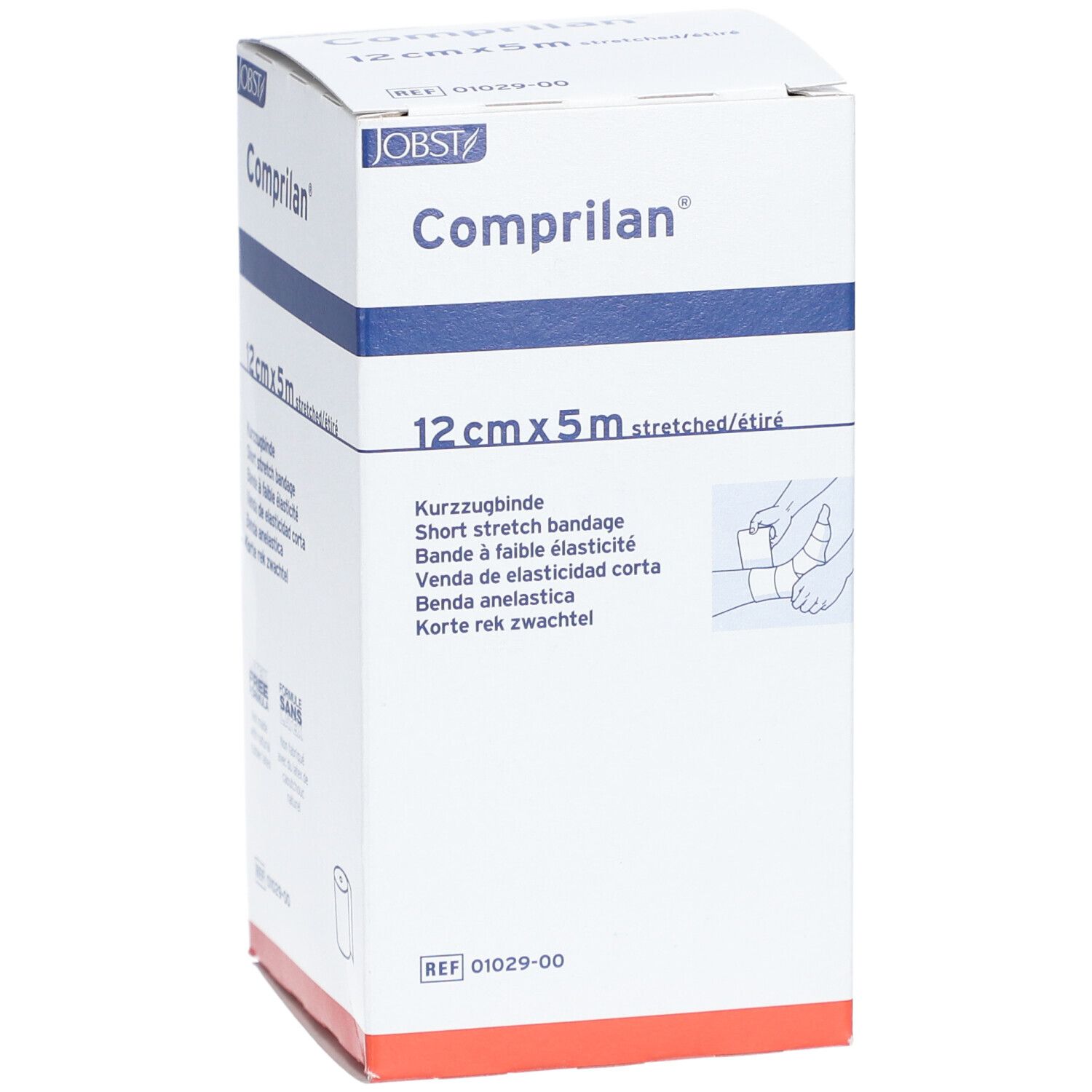 Verpackung von Comprilan® elastische Binde. 12 cm x 5 m. Aufdruck: Kurz-Zugbinde, Bandage à faible élasticité.