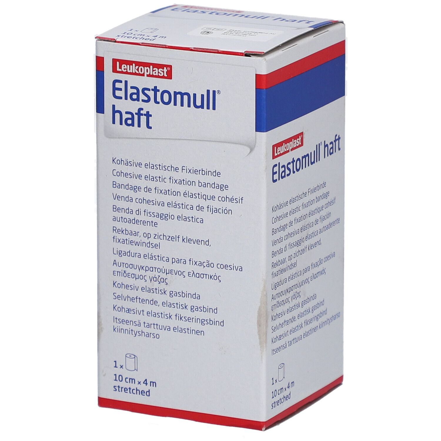 Emballage d'Elastomull haft. Inscription : 10 cm x 4 m, étiré. Désignations multilingues du produit.