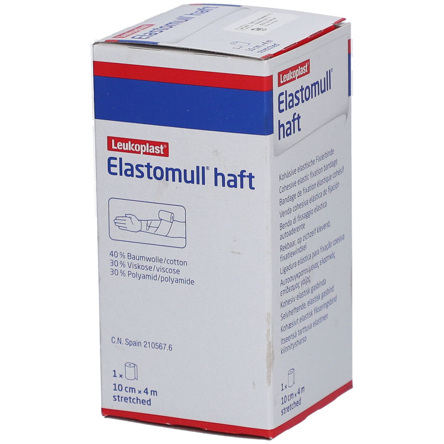 Emballage Elastomull haft. Contient 40% coton, 30% viscose, 30% polyamide. Taille : 10 cm x 4 m, étiré.