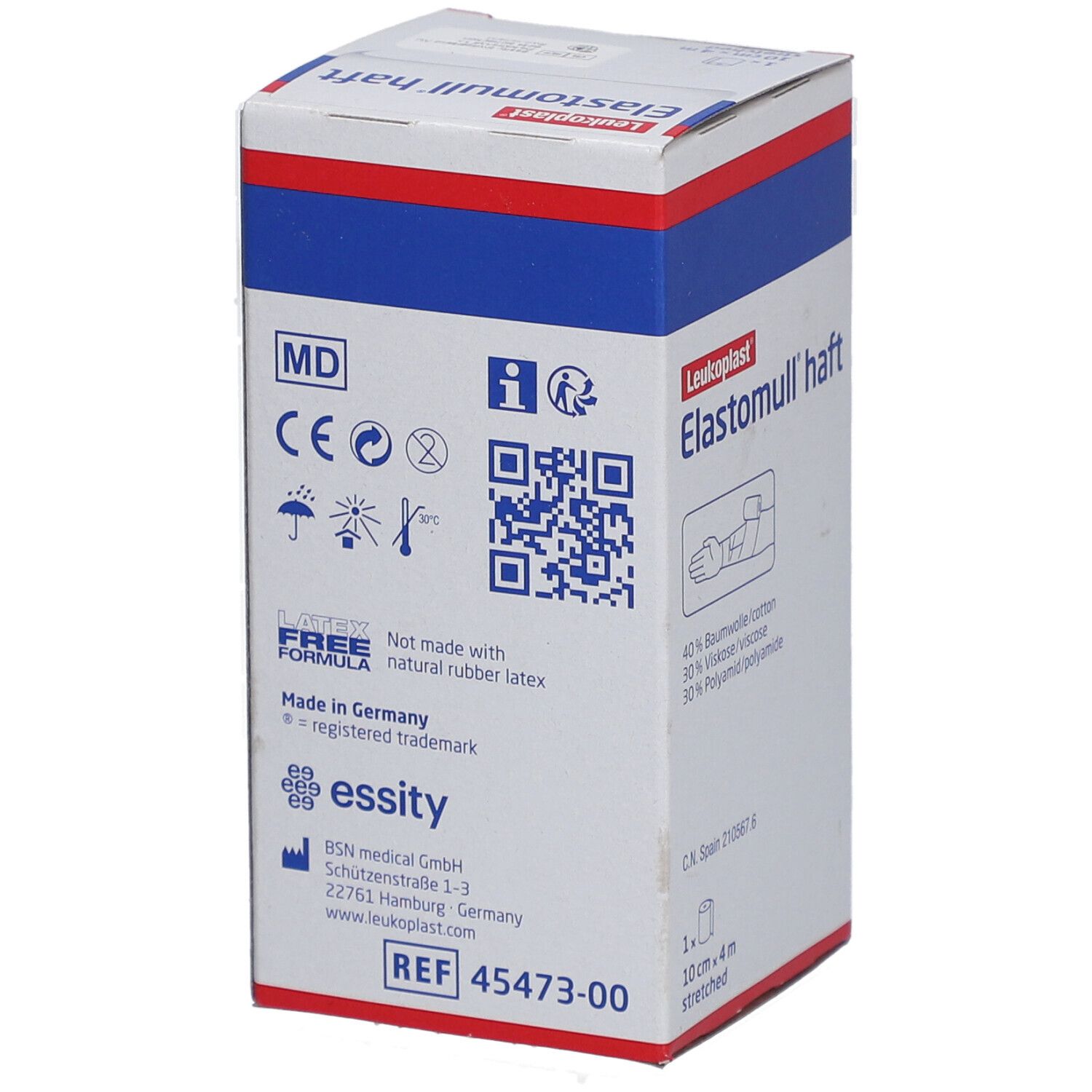 Emballage Elastomull haft. Contient des informations sur les ingrédients et les certifications. Taille : 10 cm x 4 m, étiré.