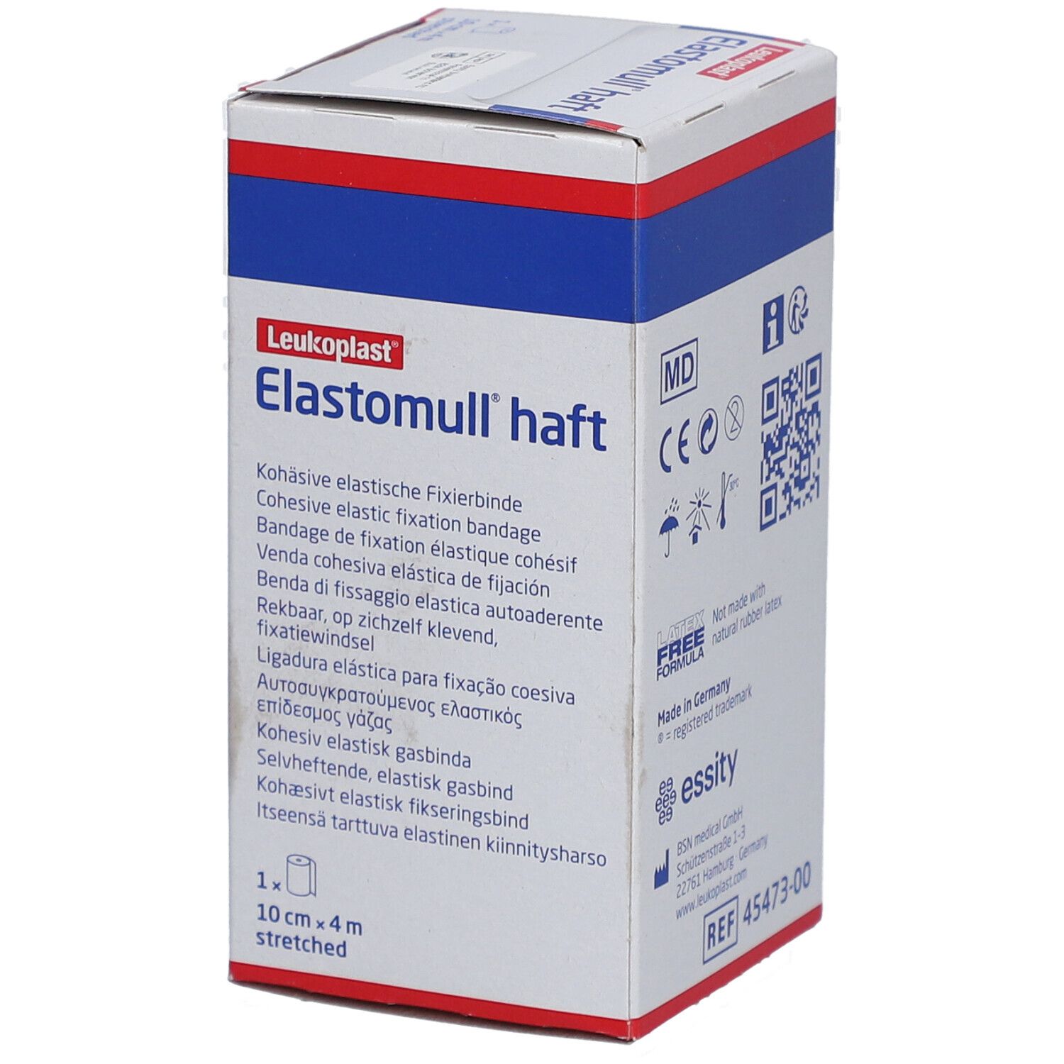 Emballage Elastomull haft. Désignations multilingues du produit. Taille : 10 cm x 4 m, étiré. Avec marquage MD.