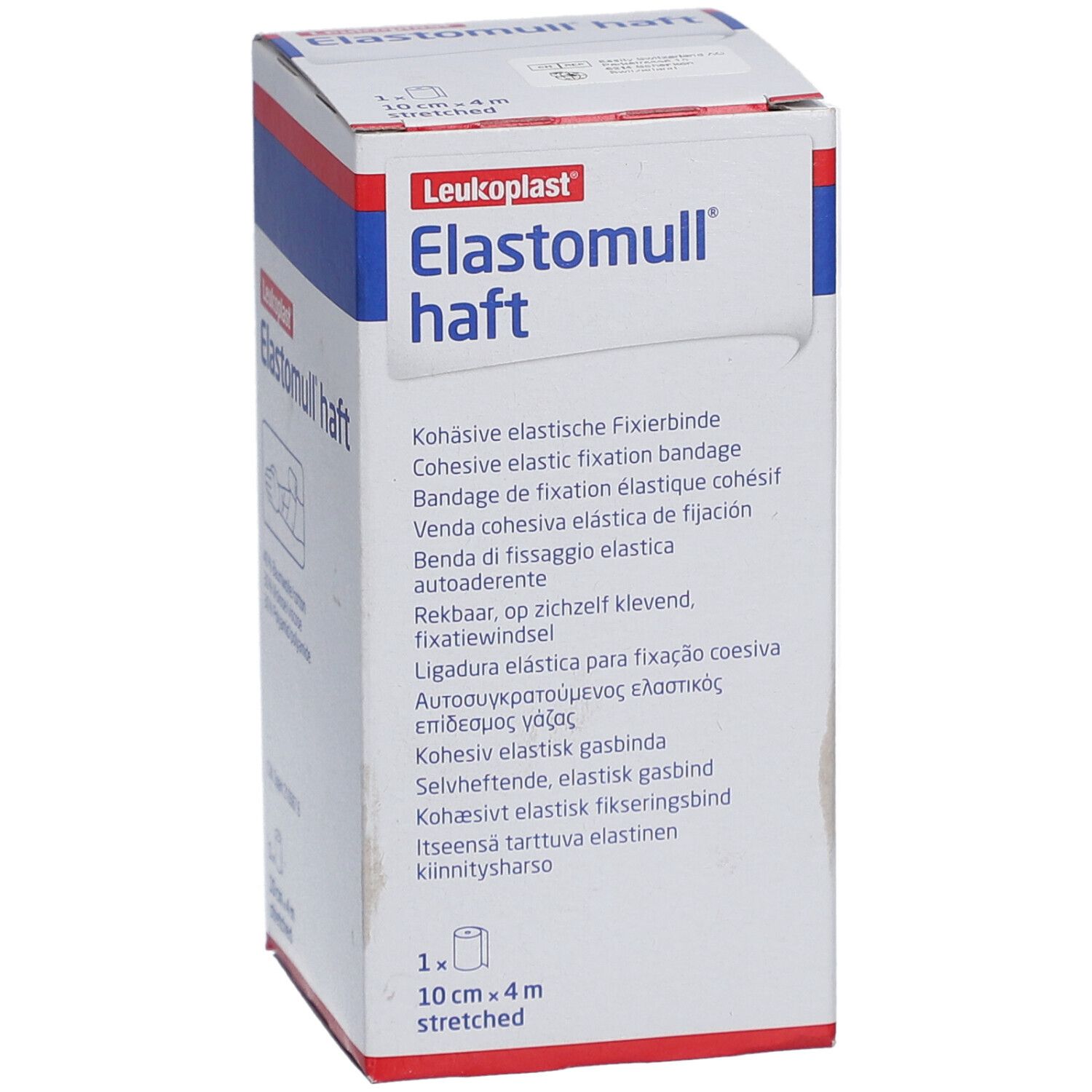 Emballage Elastomull haft. Désignations multilingues du produit. Taille : 10 cm x 4 m, étiré. Nom du produit clairement visible.