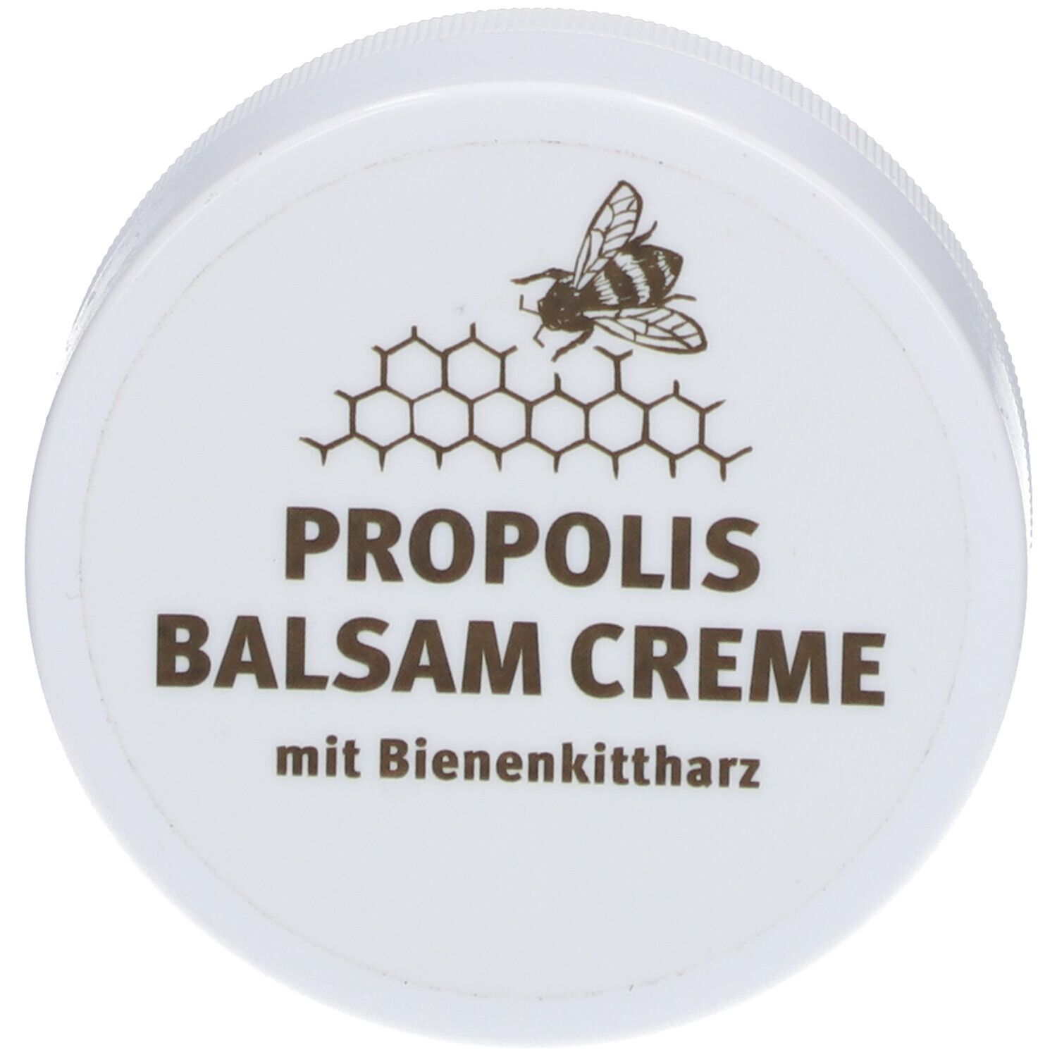 Weißer Tiegel mit braunem Aufdruck: Biene, Wabe, PROPOLIS BALSAM CREME, mit Bienenkittharz.