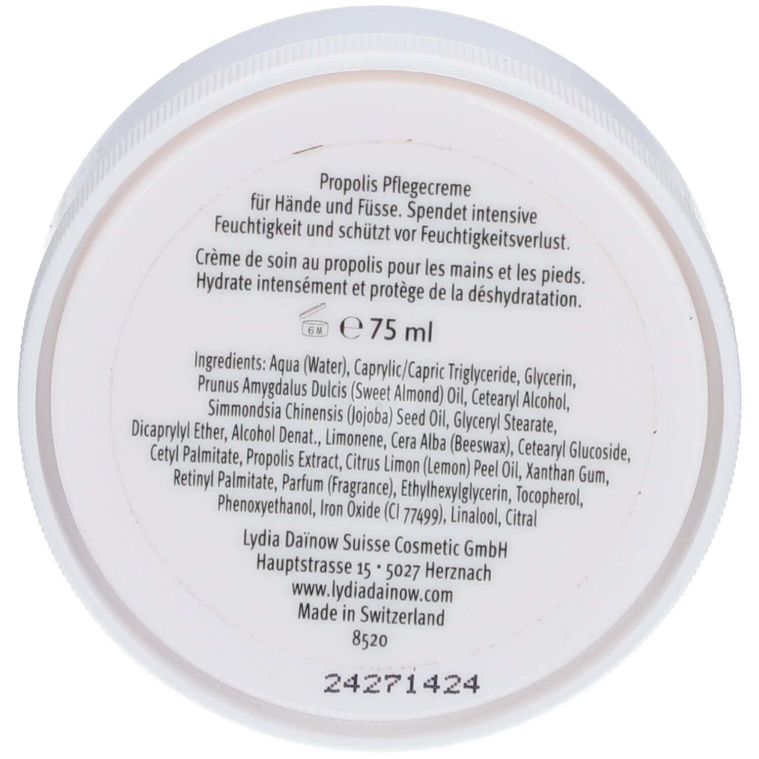 Weißer Tiegelboden mit Text: Propolis Pflegecreme, für Hände und Füße, Inhaltsstoffe, 75 ml, Lydia Dainow.