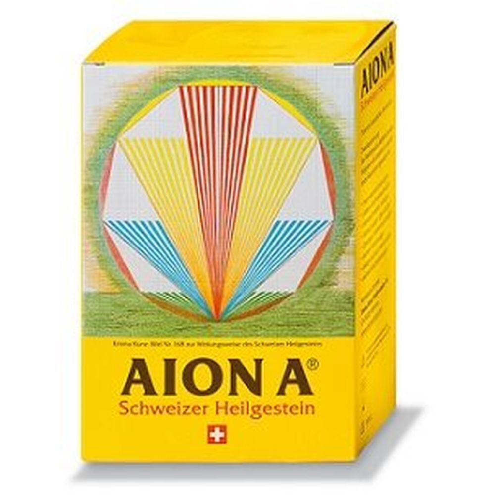 Boîte jaune avec logo AION A® et Schweizer Heilgestein. Design géométrique avec rayons colorés.