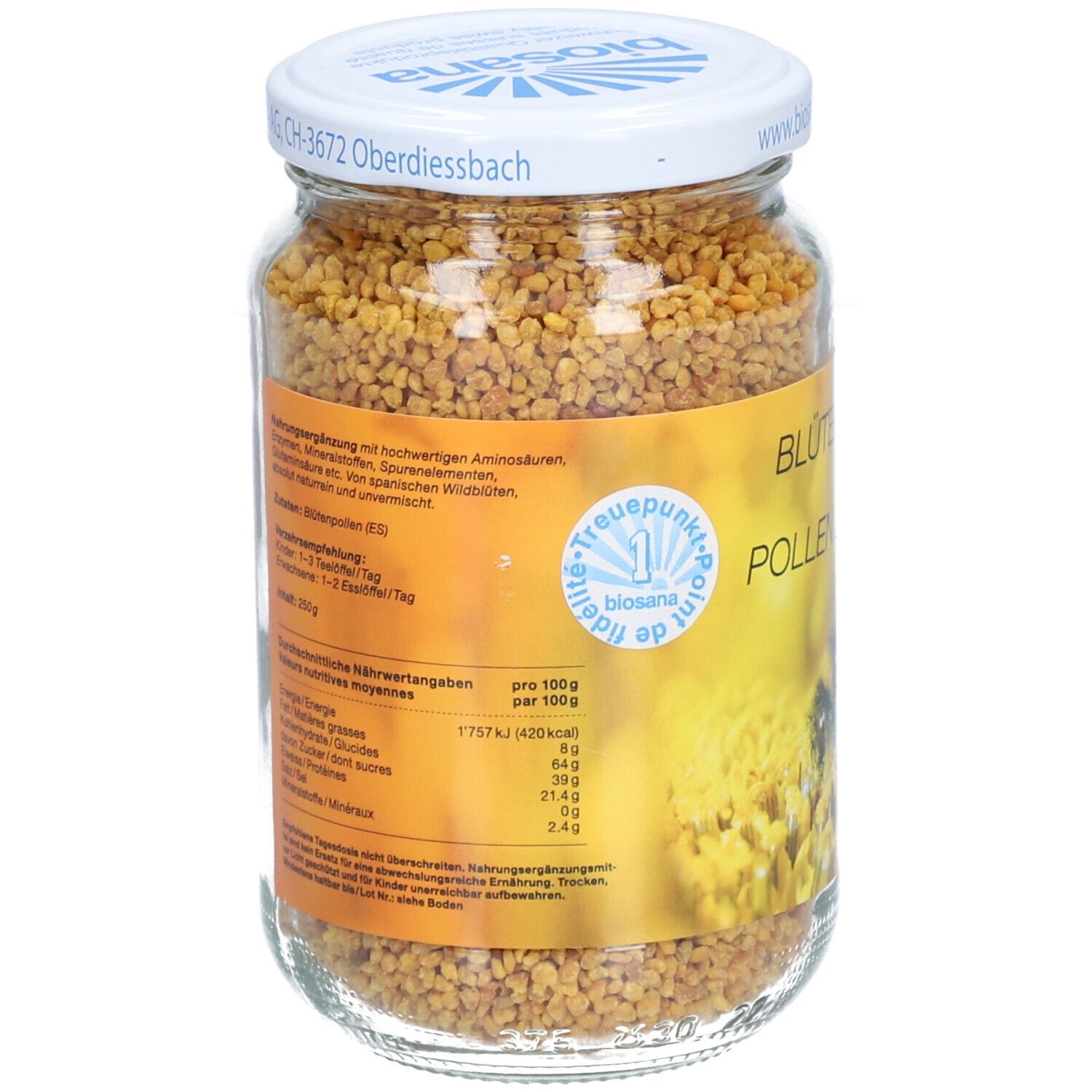 Glas mit Blütenpollen. Weißer Deckel mit Logo. Gelbes Etikett mit Nährwertangaben. Inhalt: körnige, gelb-braune Blütenpollen.