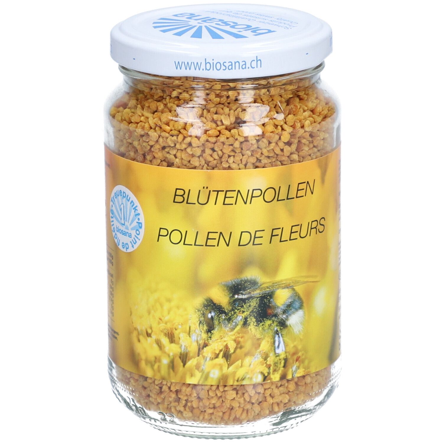 Glas mit Blütenpollen. Weißer Deckel mit Logo. Gelbes Etikett mit Text und Biene. Inhalt: körnige, gelb-braune Blütenpollen.