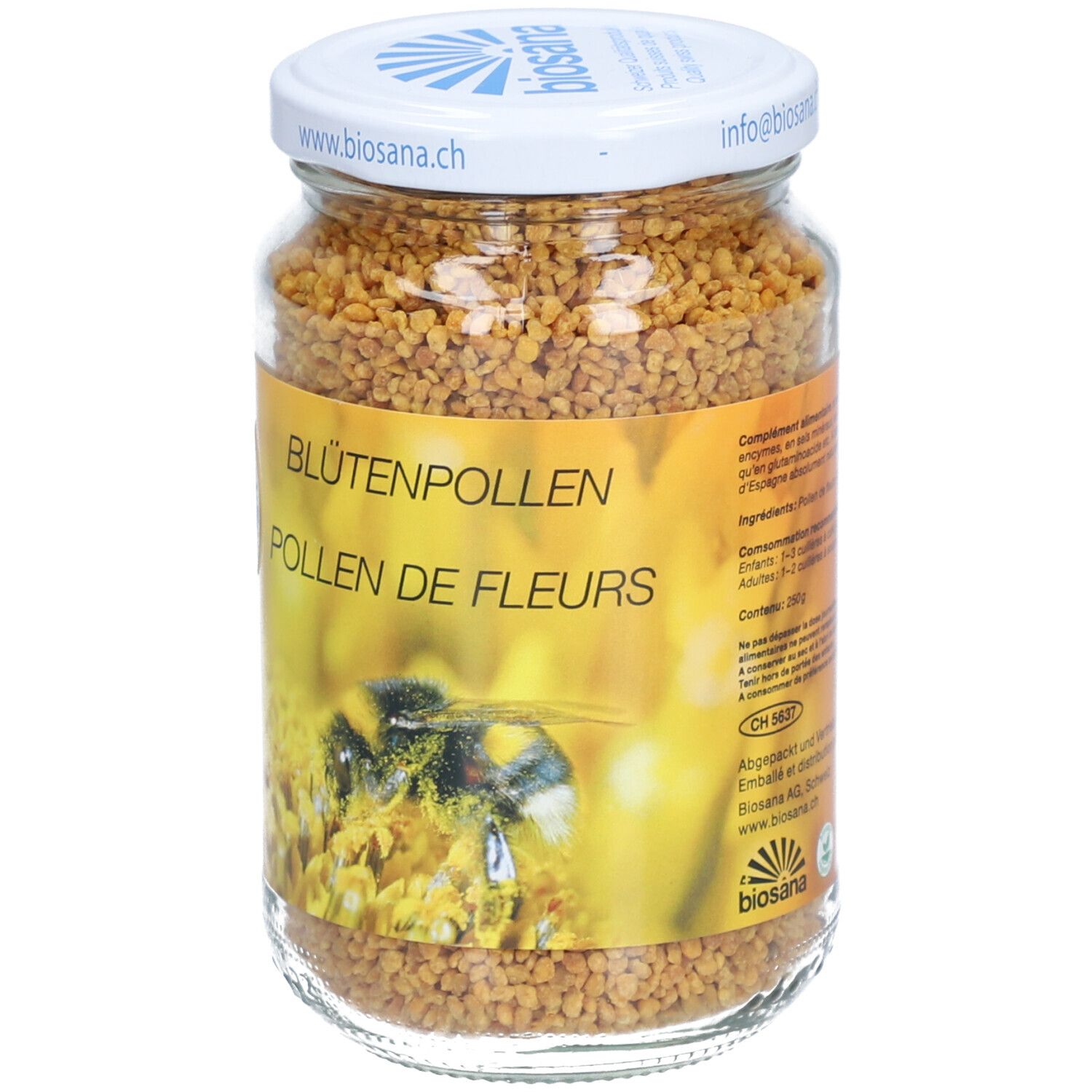 Glas mit Blütenpollen. Weißer Deckel mit Logo. Gelbes Etikett mit Text und Biene. Inhalt: körnige, gelb-braune Blütenpollen.