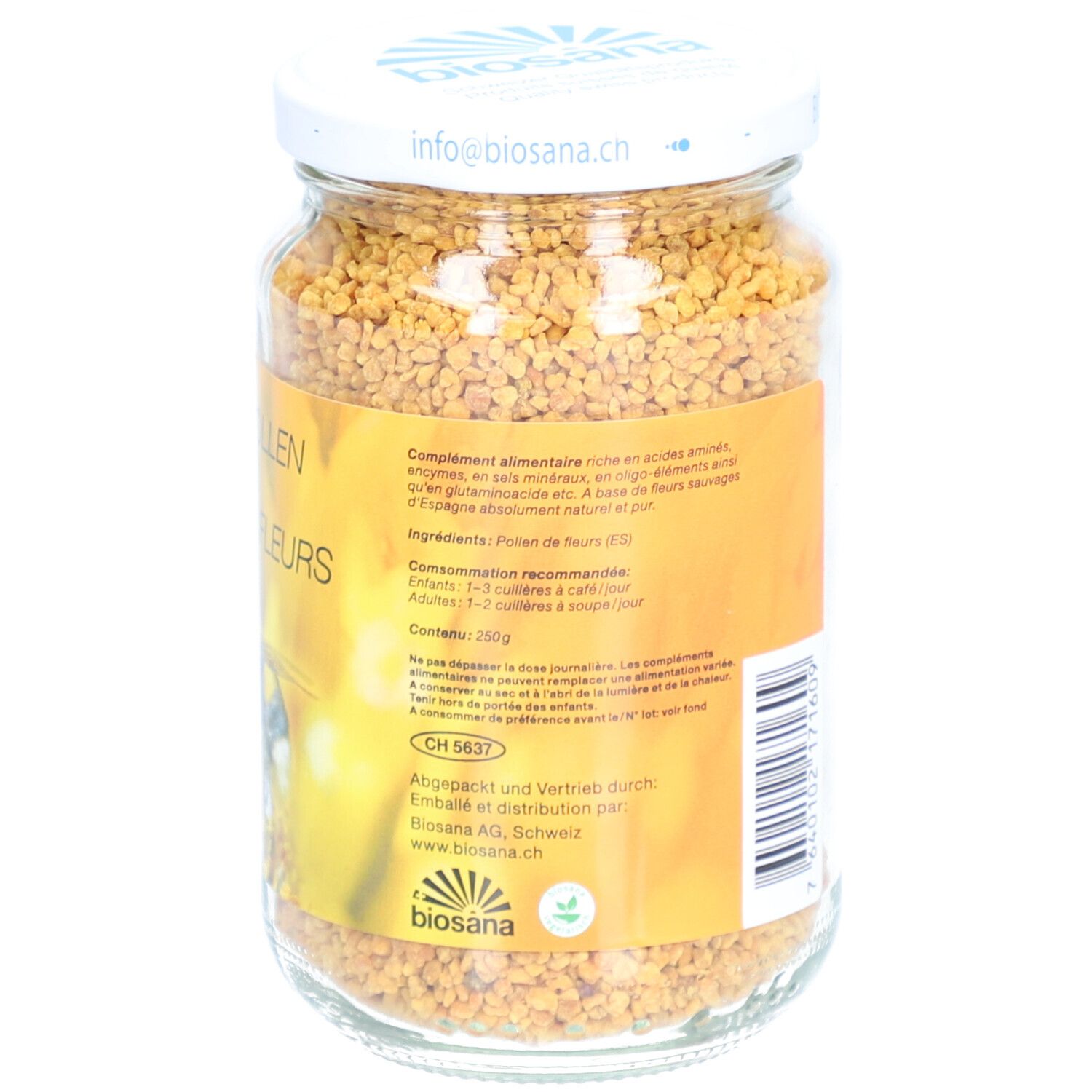 Glas mit Blütenpollen. Weißer Deckel mit Logo. Gelbes Etikett mit Text und Inhaltsangabe. Inhalt: körnige, gelb-braune Blütenpollen.