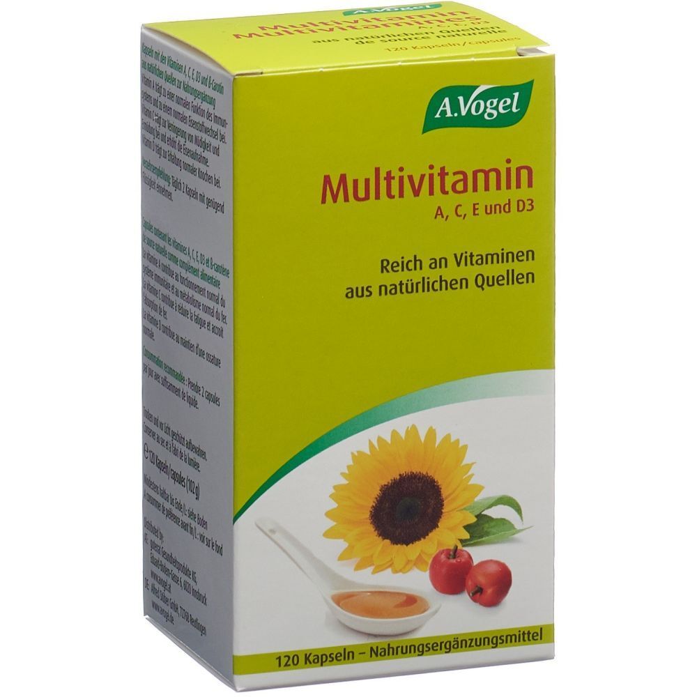 Gelbe Schachtel mit A. Vogel Multivitamin. Aufschrift: Multivitamin A, C, E und D3. Mit Sonnenblume, Äpfeln und Honig.