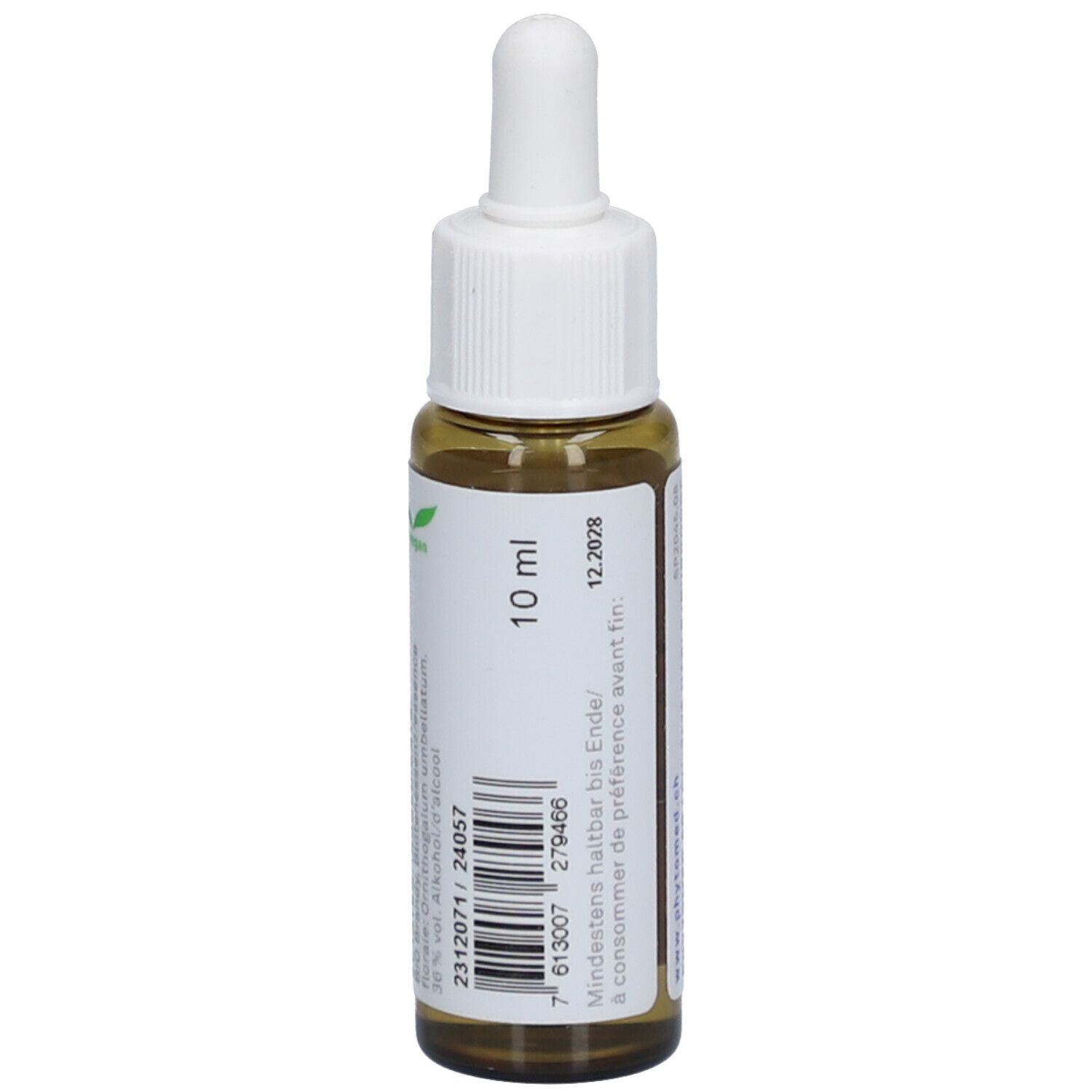 Braune Glasflasche mit weißem Deckel und Etikett. Aufschrift: 10 ml. Mindestens haltbar bis Ende 12.2028. Mit Barcode.