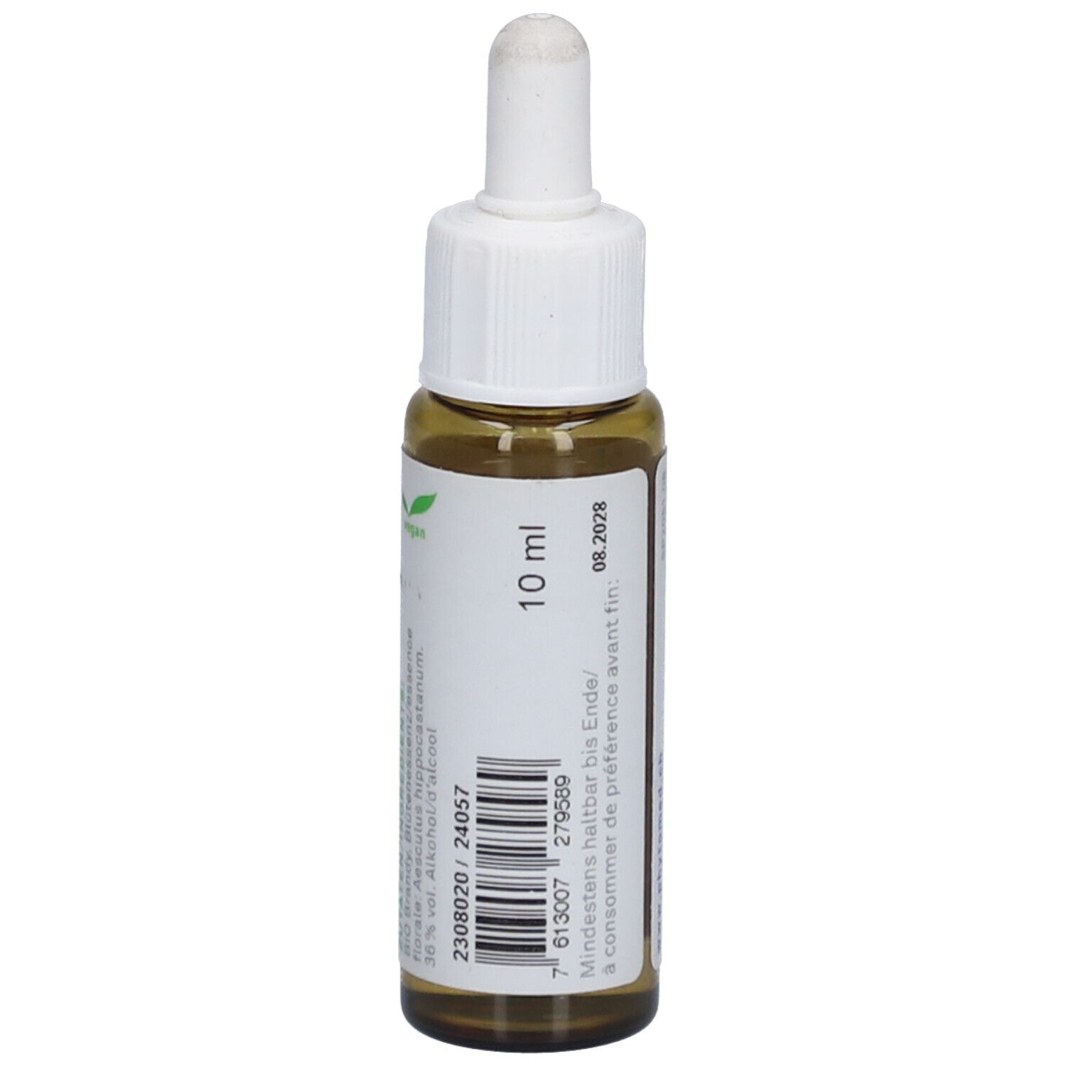 Braune Glasflasche mit weißem Aufsatz. Etikett mit Text: 10 ml. Barcode und Mindesthaltbarkeitsdatum.