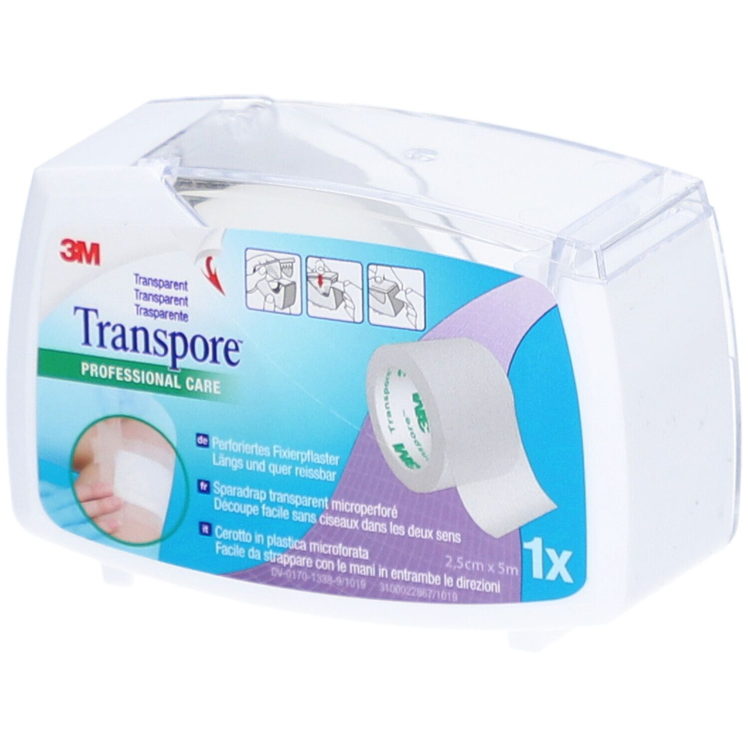 Emballage de pansement transparent. 3M Transpore, 2,5 cm x 5 m. Pansement microperforé en boîte distributrice.