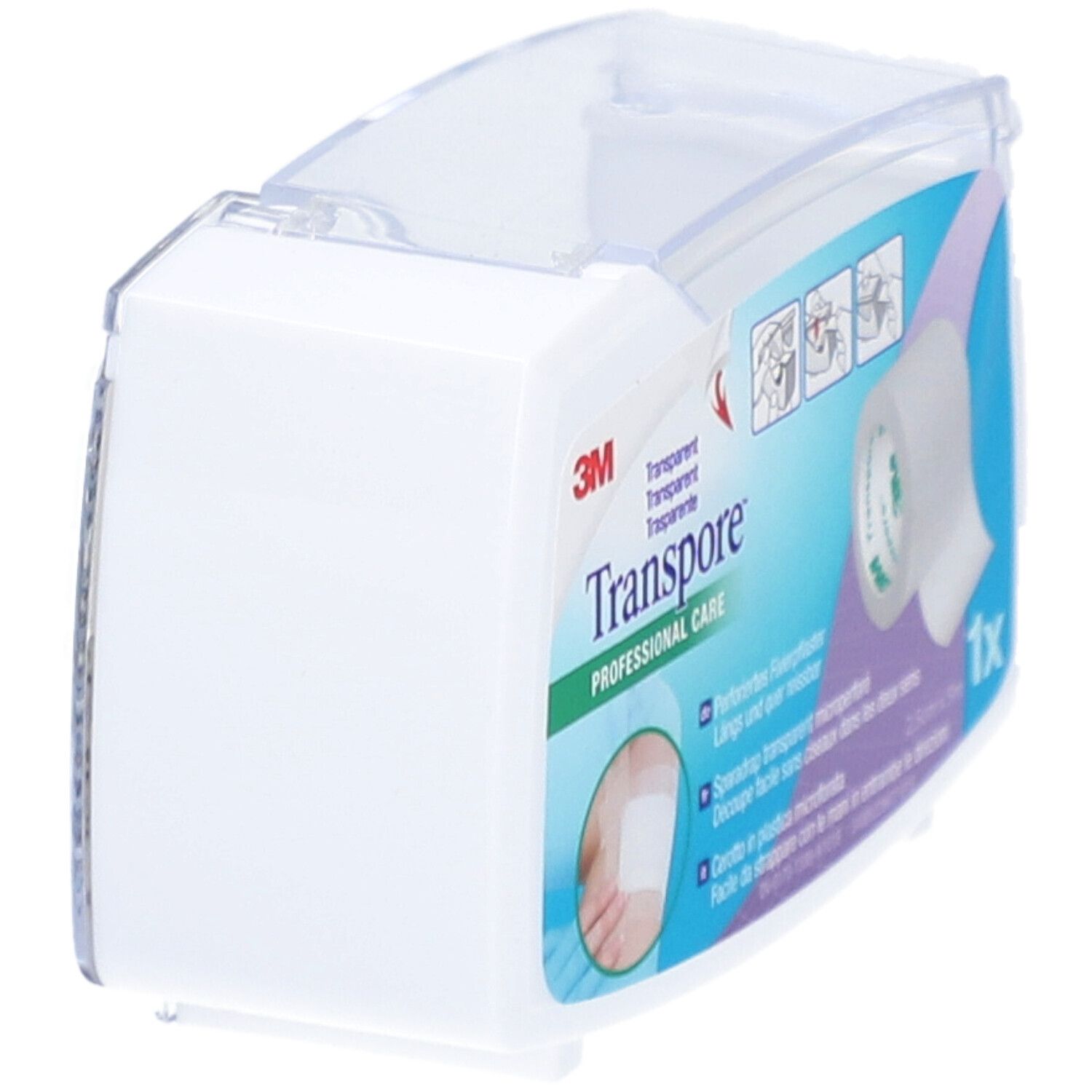 Emballage de pansement transparent. 3M Transpore. Boîte blanche avec couvercle transparent.