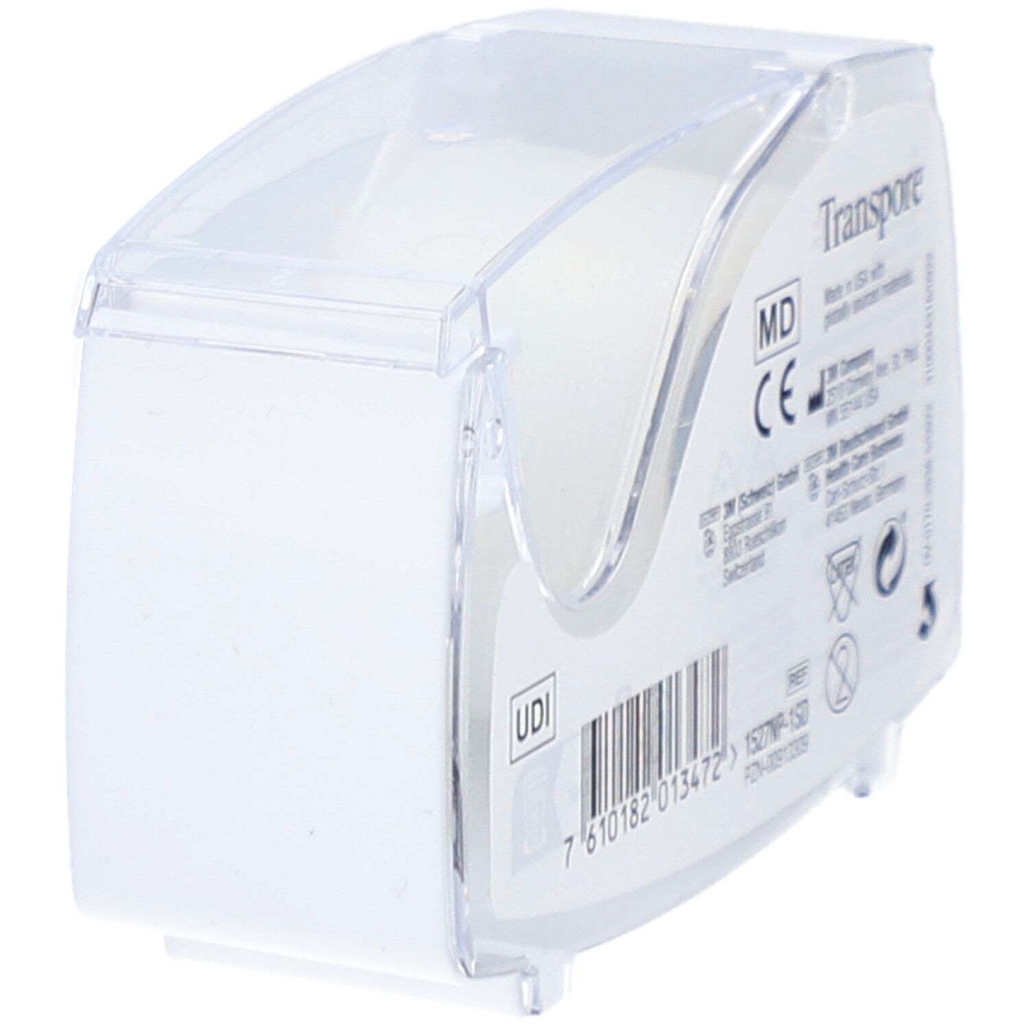 Emballage de pansement transparent. 3M Transpore. Boîte blanche avec couvercle transparent.