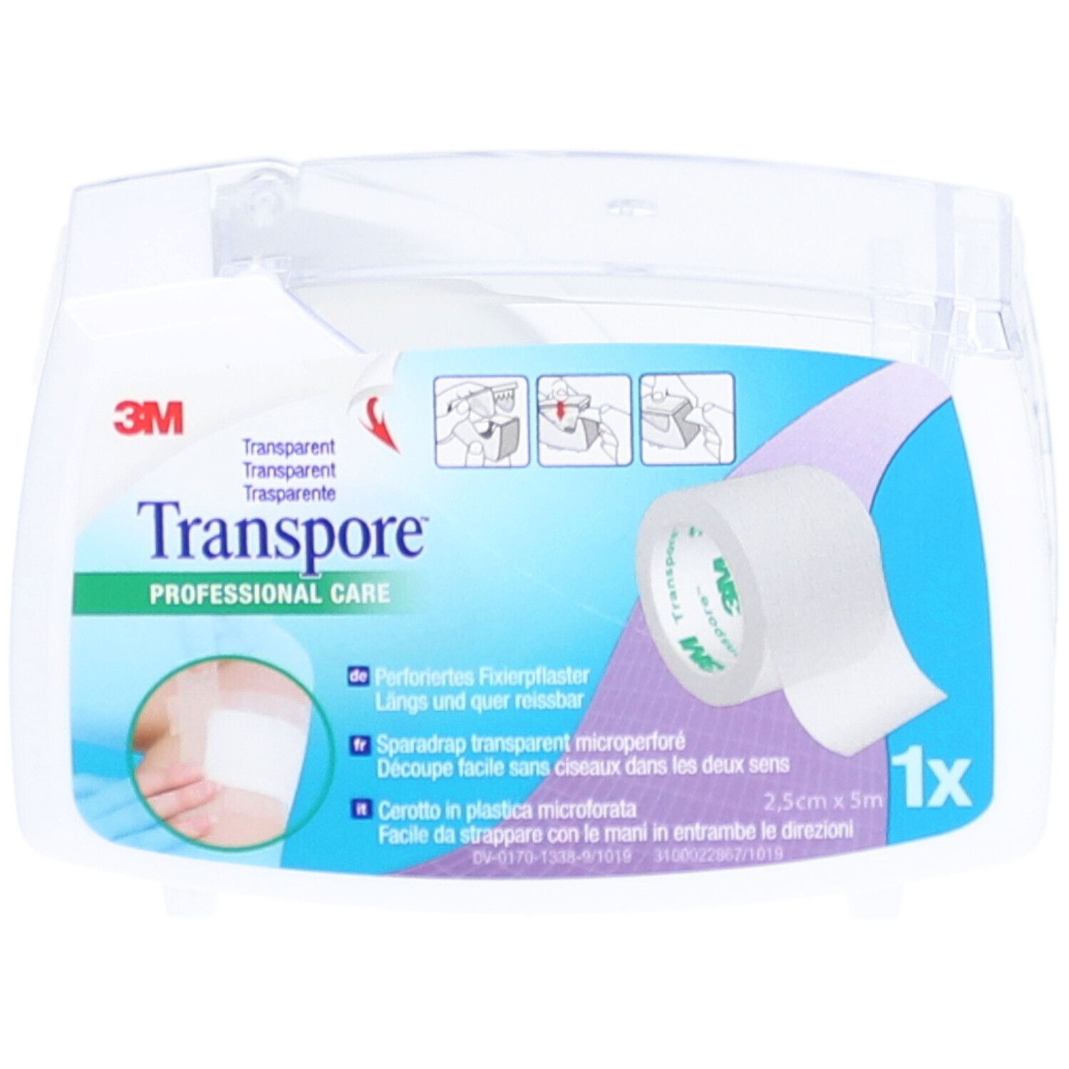 Emballage de pansement transparent. 3M Transpore, 2,5 cm x 5 m. Pansement microperforé en boîte distributrice.