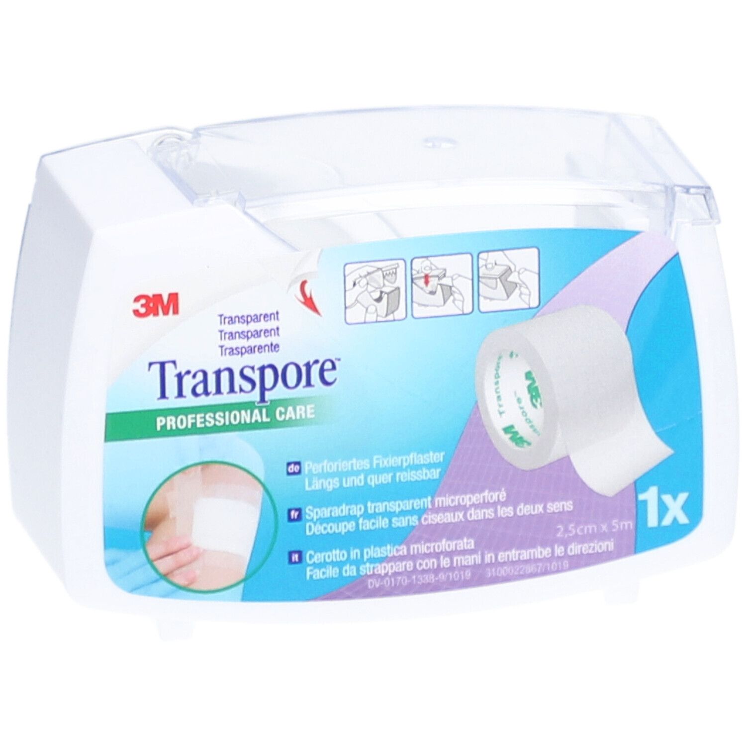 Emballage de pansement transparent. 3M Transpore, 2,5 cm x 5 m. Pansement microperforé en boîte distributrice.